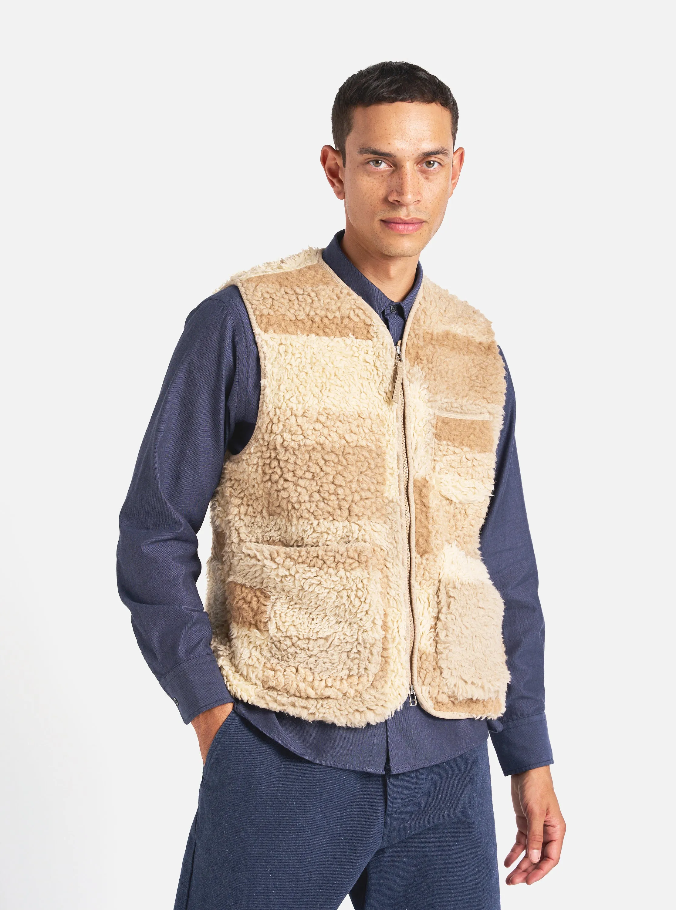 Universal Works Zip Gilet in Sand Patchwork Fleece