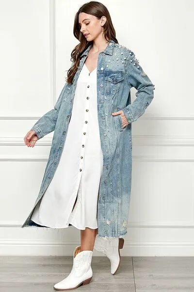 Veveret Distressed Raw Hem Pearl Detail Button Up Jacket