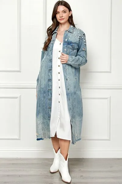 Veveret Distressed Raw Hem Pearl Detail Button Up Jacket