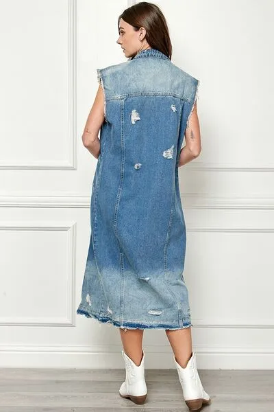 Veveret Distressed Sleeveless Longline Denim Jacket