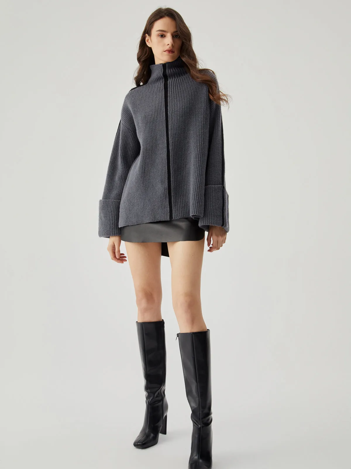 Wenkouban-Christmas Thanksgiving outfits_Contrast Trim Mock Trendy Neck Ribbed Knit Sweater