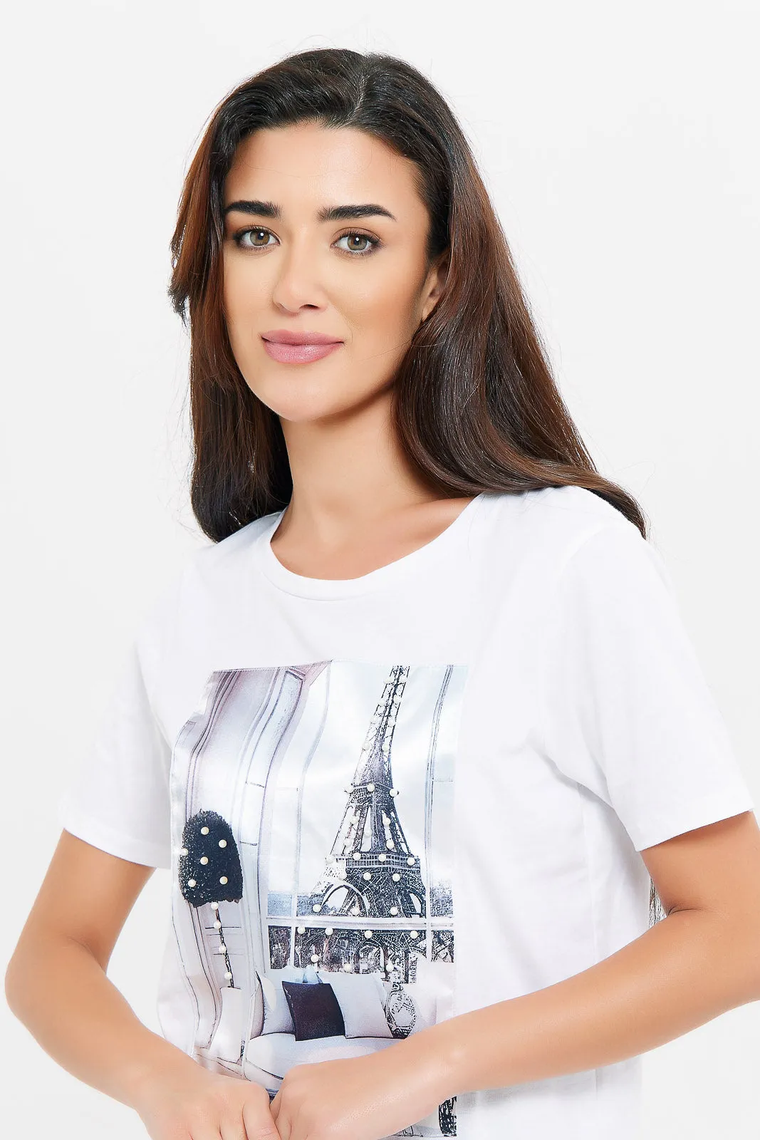 Women White Paris Print T-Shirt