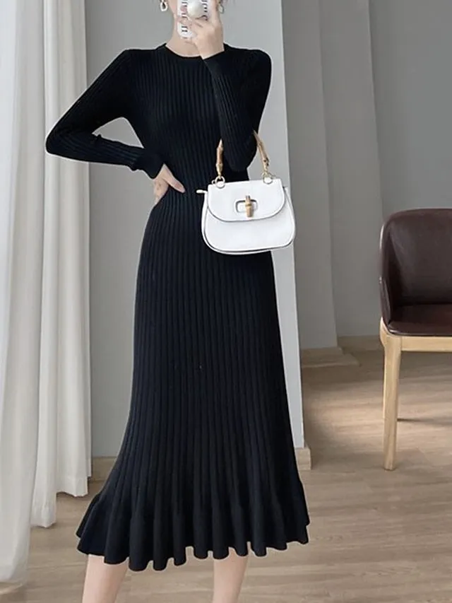 Women's Elegant Long Sleeve Ruffle Sweater Knit Dress