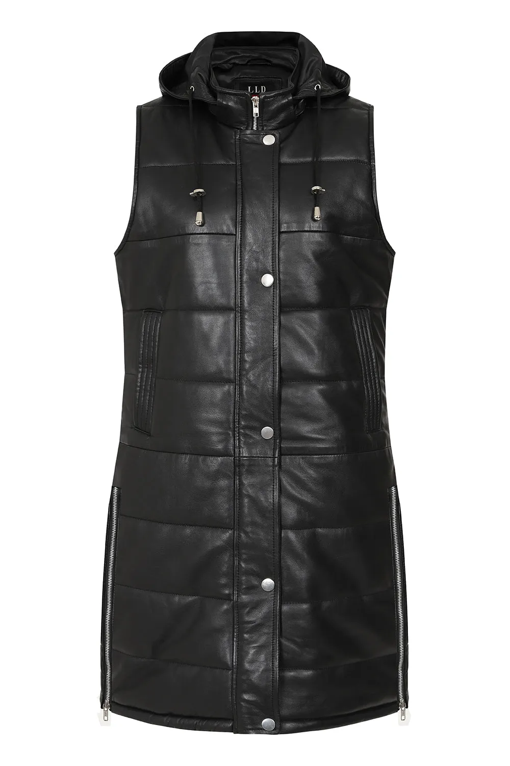 Women's Long Leather Quilted Gilet with Detachable Hood - VALERIE