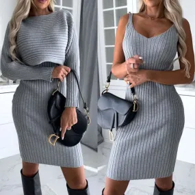 Women's Solid Stripe Long-sleeved Top And Tight Suspender Strap Dress