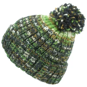 Wool Knit Bobble Beanie Hat - Green