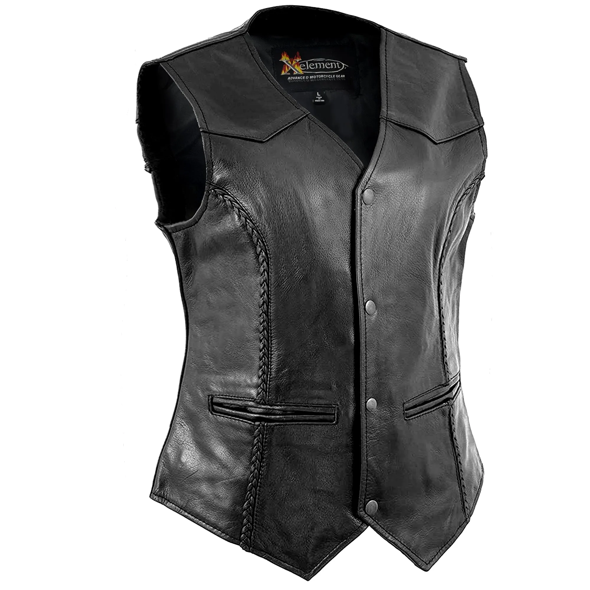 Xelement B340 Black Motorcycle Vest for Womens - Ladies Real Genuine Leather Biker Gilet